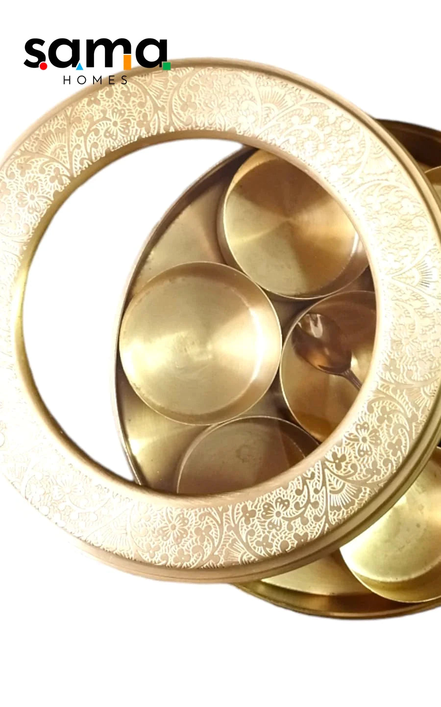 Brass Masala Box With Glass Cover Set for Kitchen with Spoon | Spice Organiser - Sama Homes