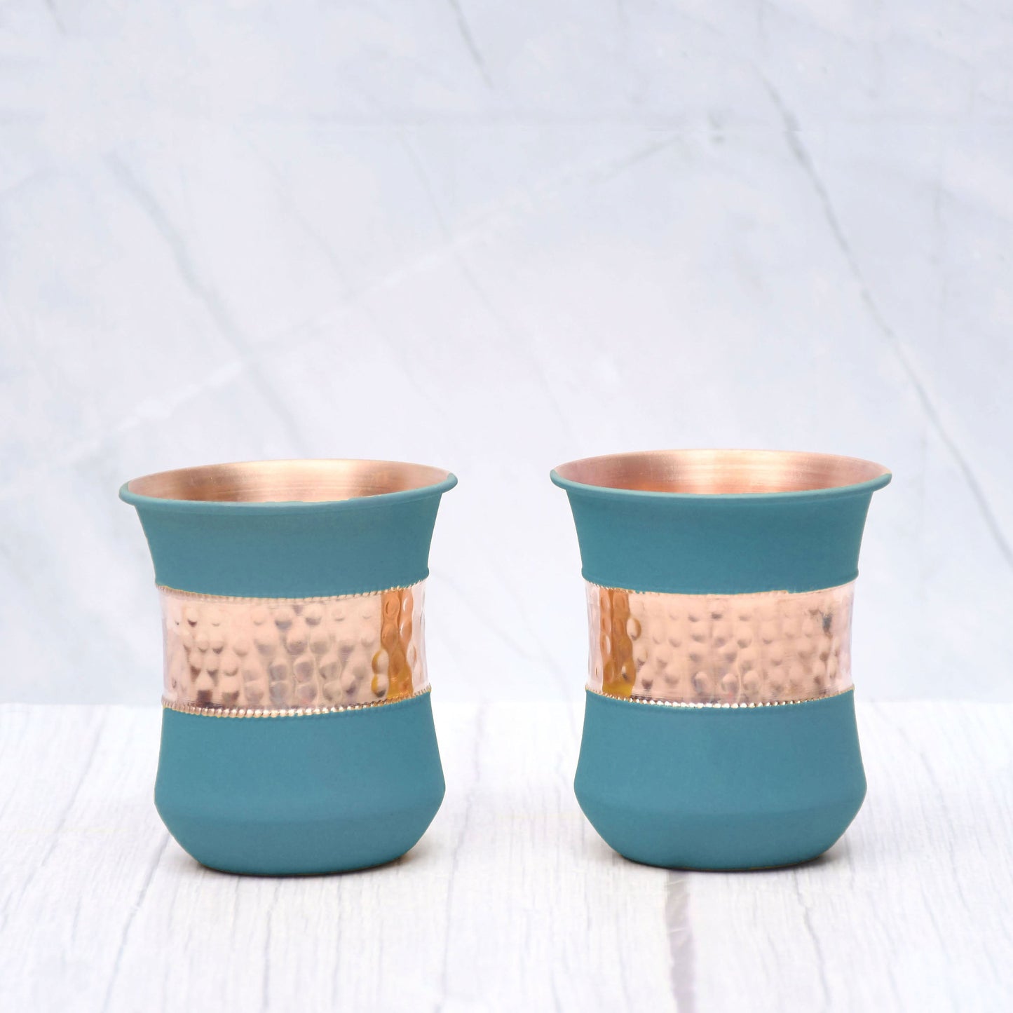 Pure Copper Water Glass Set of 2 Silk Green Half Hammered Damru Tumbler Capacity 300ML - Sama Homes