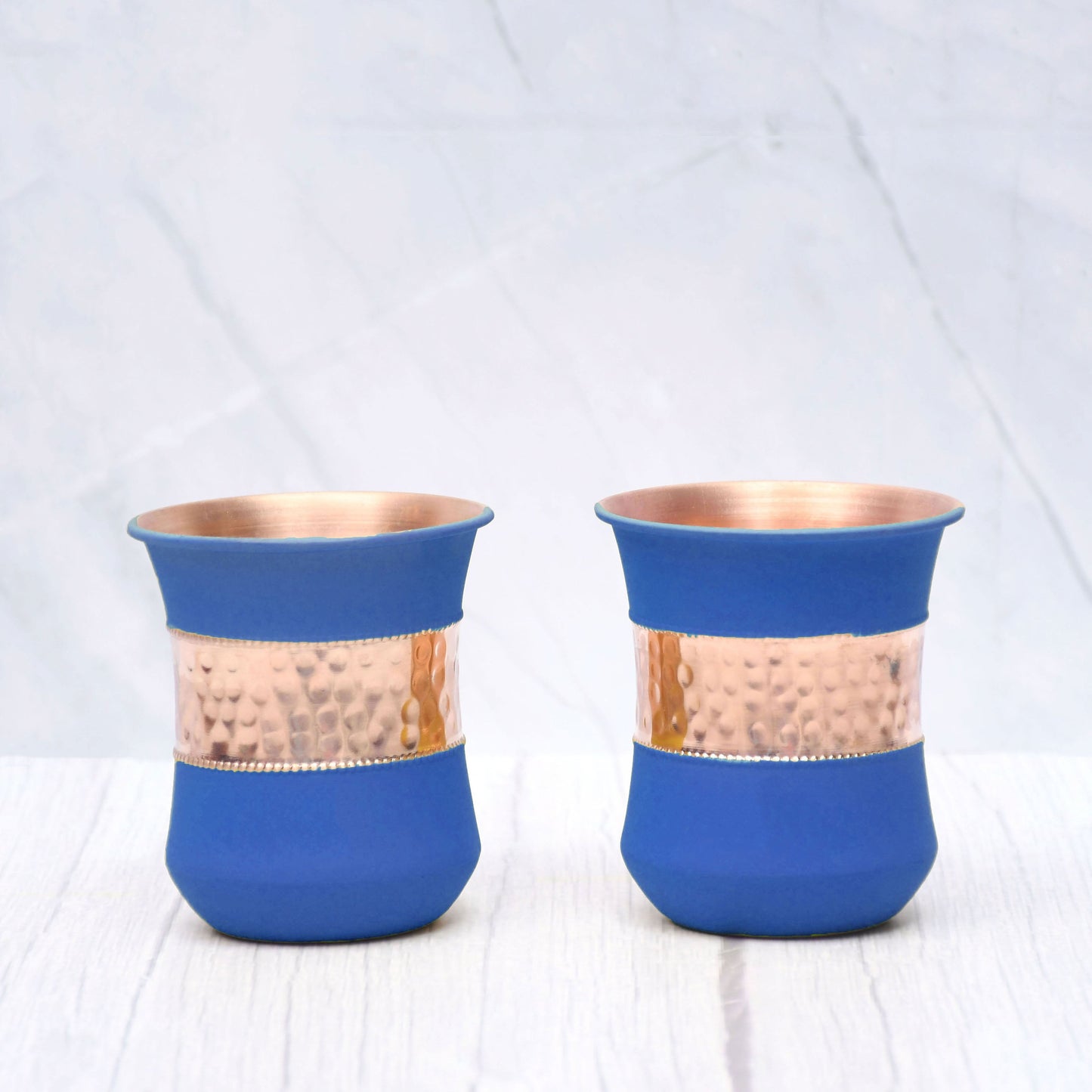 Pure Copper Water Glass Set of 2 Silk Blue Half Hammered Damru Tumbler Capacity 300ML - Sama Homes