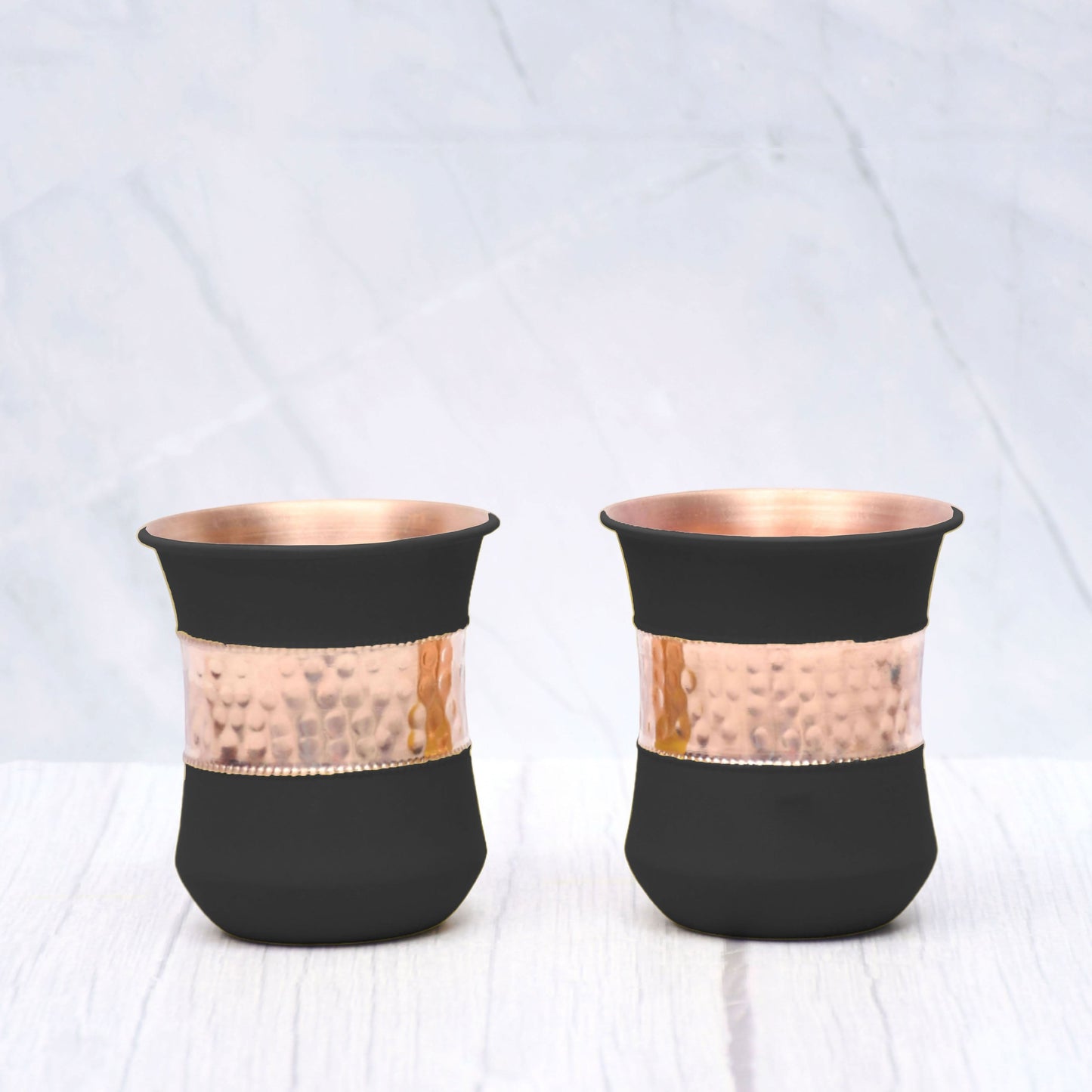 Pure Copper Water Glass Set of 2 Silk Black Half Hammered Damru Tumbler Capacity 300ML - Sama Homes