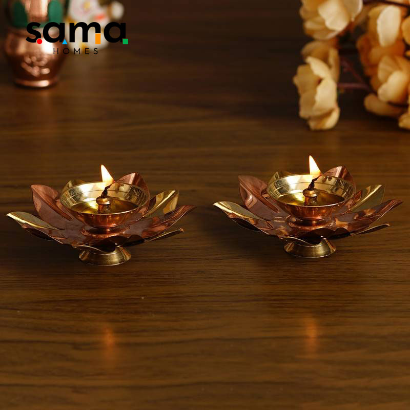 Pure Copper / Brass Elegant Handcrafted Metal Lotus Diya Set of 2 Diwali Special - Sama Homes