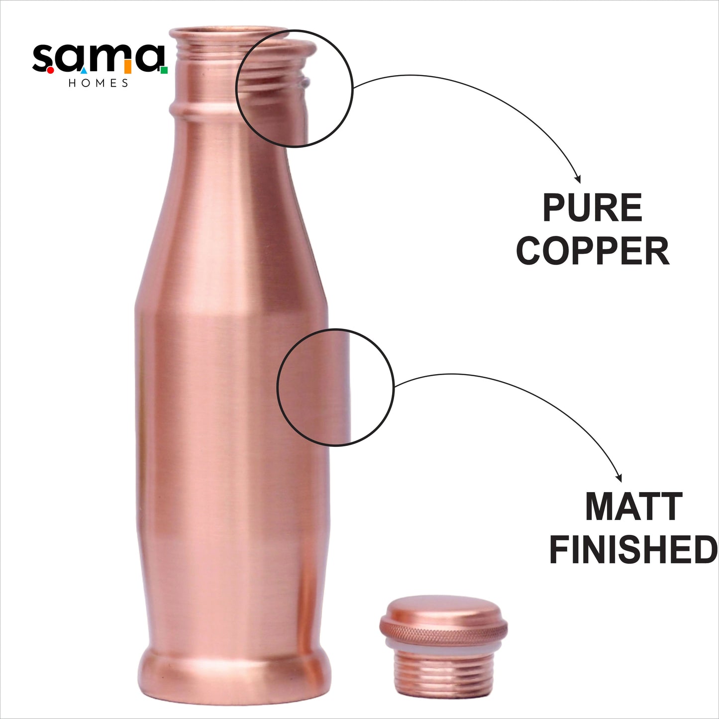 Pure Copper Water Bottle Plain Unique Design Capacity 1000ML - Sama Homes