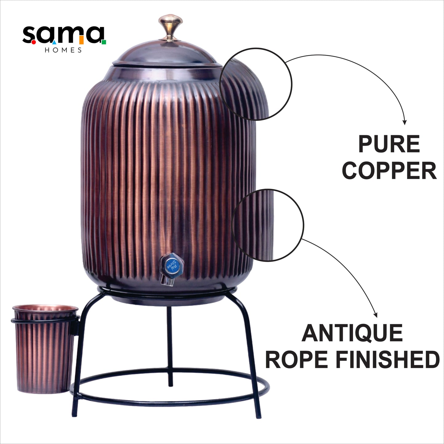 Pure Copper Water Dispenser with Glass and Stand Antique Rope Designed Combo | Premium Copper Drinkware - Sama Homes