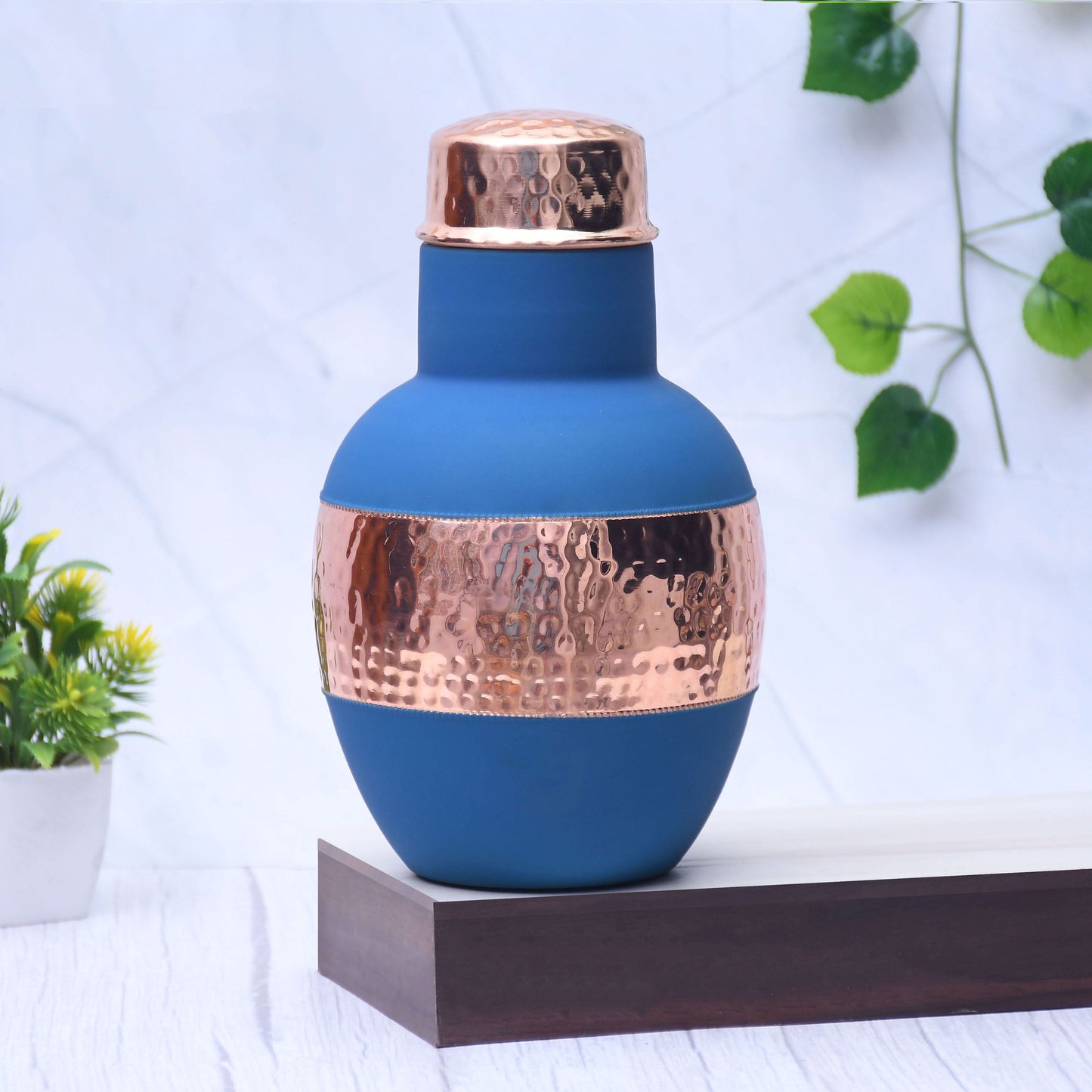 Pure Copper Silk Blue Apple Pot with Inbuilt Glass Capacity 1200ML - Sama Homes