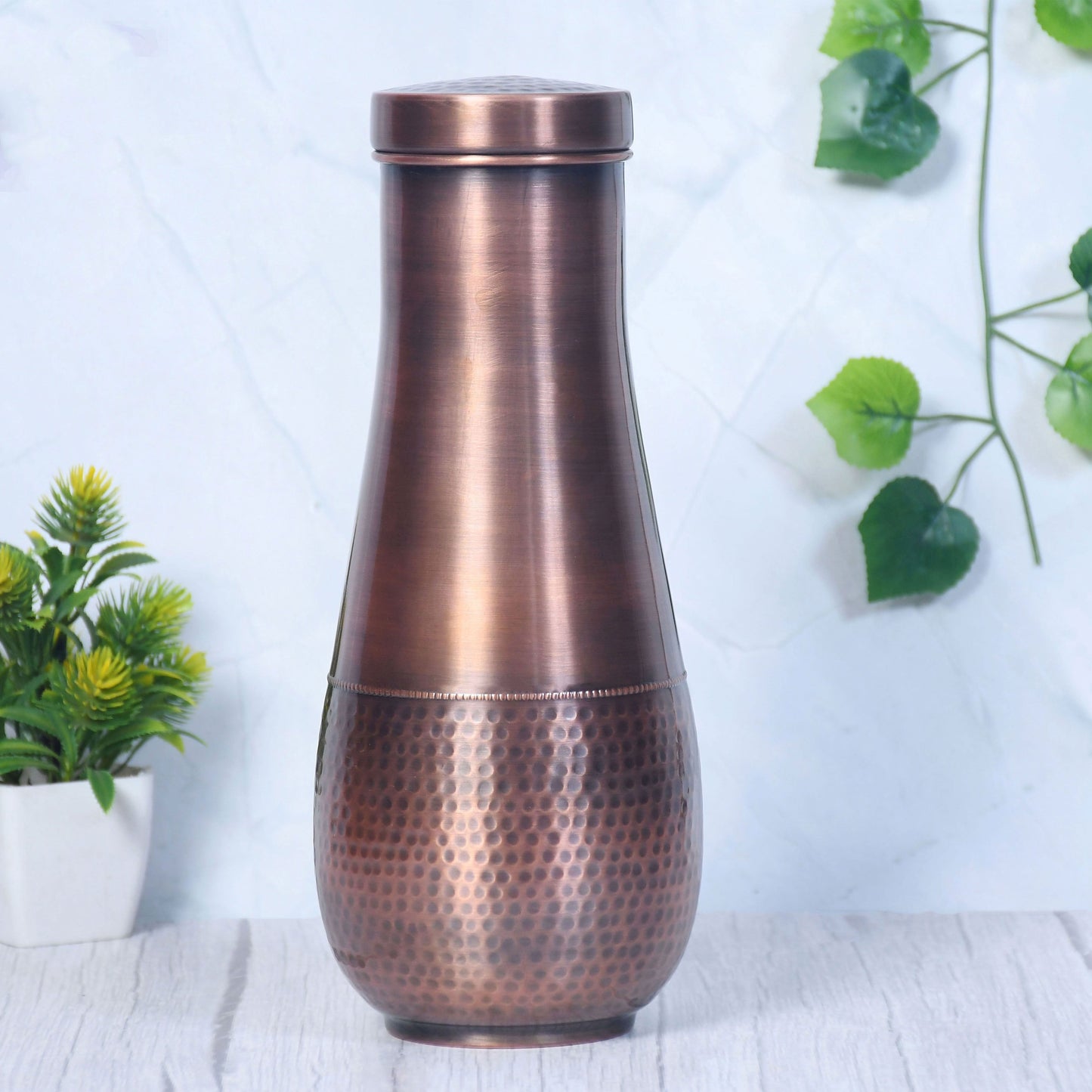 Pure Copper Bedside Tulip Jar Antique Hammered with In-Built Glass with Capacity 1400ML - Sama Homes