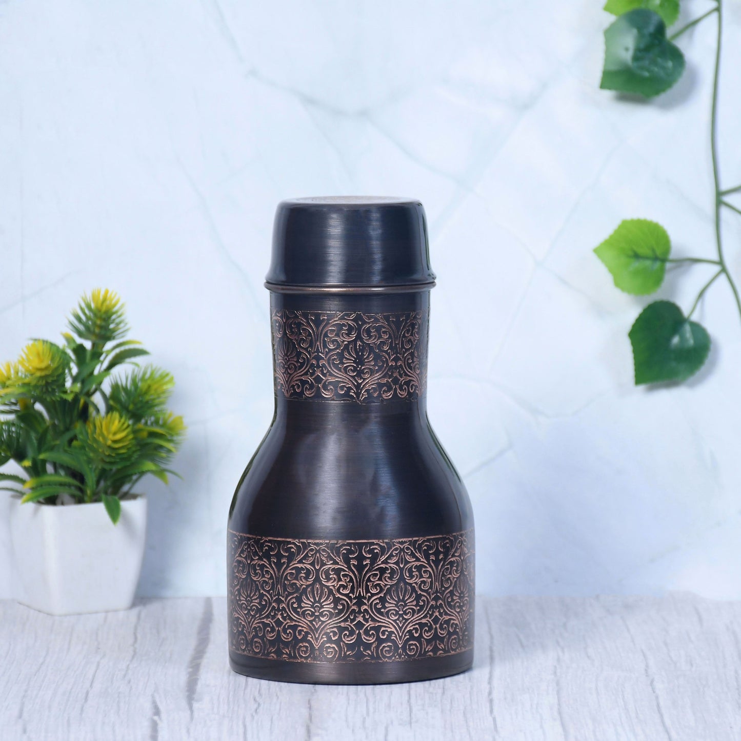 Pure Copper Bedside Charlie Jar Antique Etching with In-Built Glass Capacity 1000ML - Sama Homes