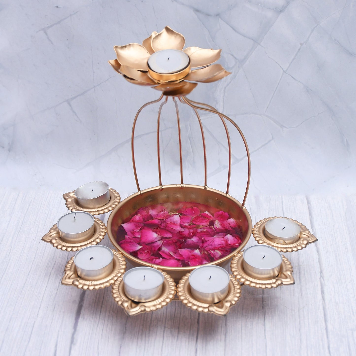 Exclusive Handmade Iron Urli Bowl and Metal Diya Set in Lotus Shape with Gold Powder Coating for Home Decor - Sama Homes