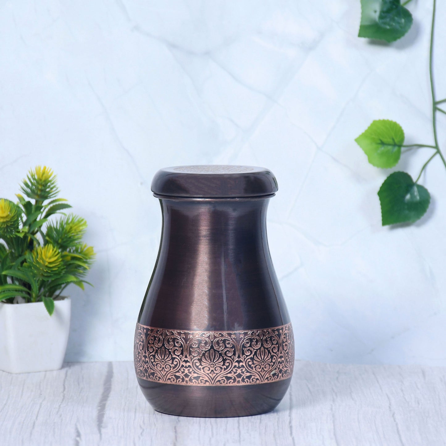 Pure Copper Bedside Jar Rajasthani Rajwadi Antique Etching Jar/Pot Capcity 800ML - Sama Homes