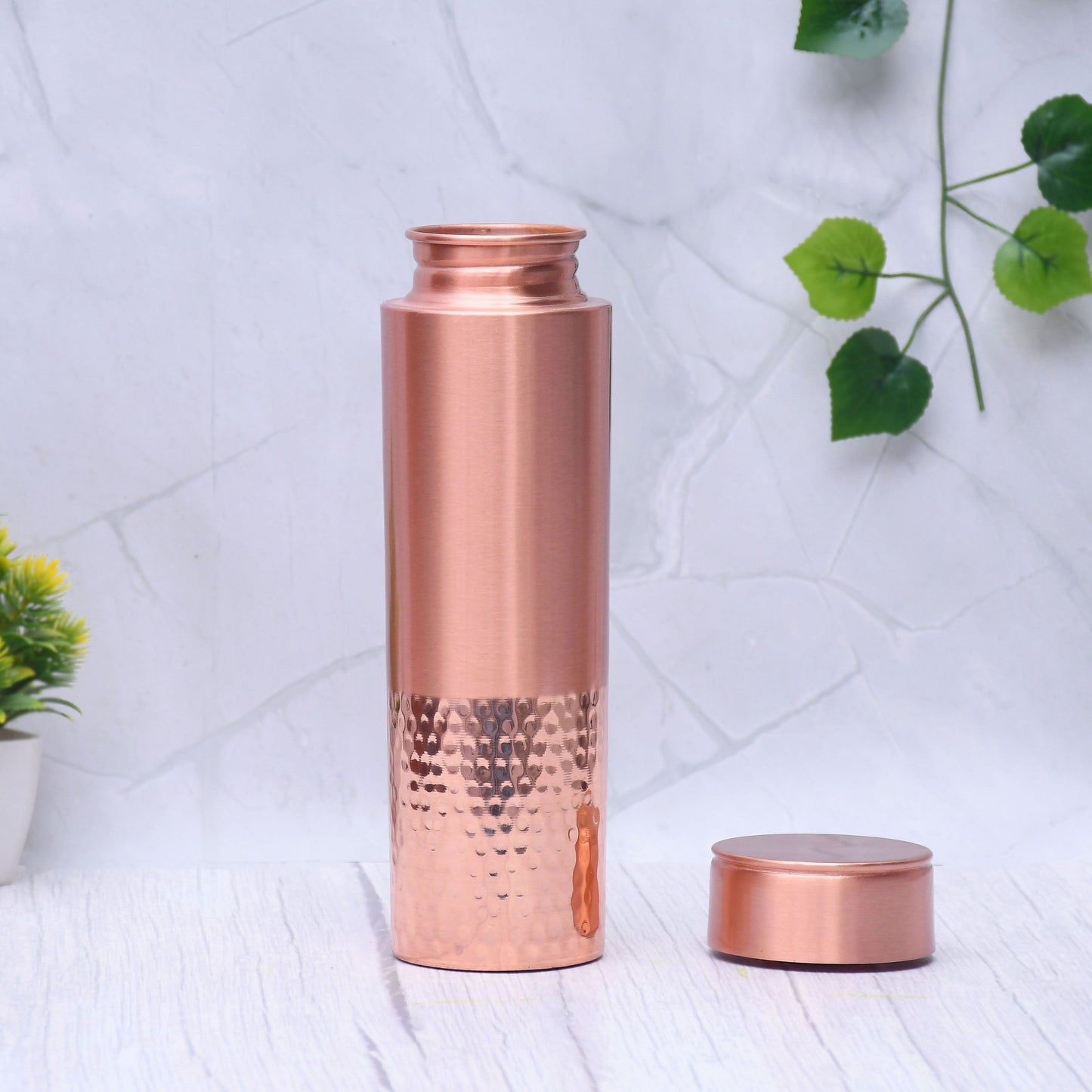 Pure Copper Water Bottle Half Hammered and Half Matt Straight Capacity 1000ML - Sama Homes