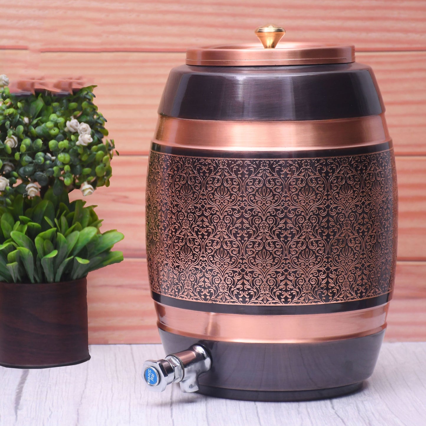 Pure Copper Water Dispenser Barrel Matka Antique Engraved Designed Capacity - Sama Homes