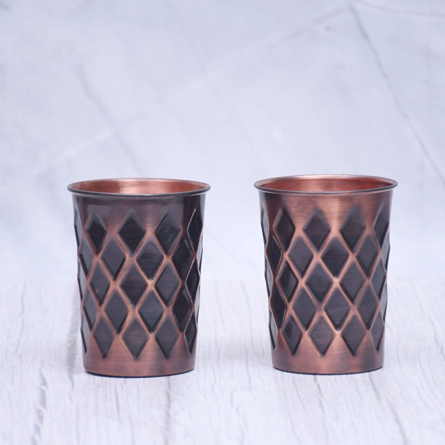 Pure Copper Water Glass Set of 2 Antique Diamond Design Tumbler Capacity 300ML - Sama Homes