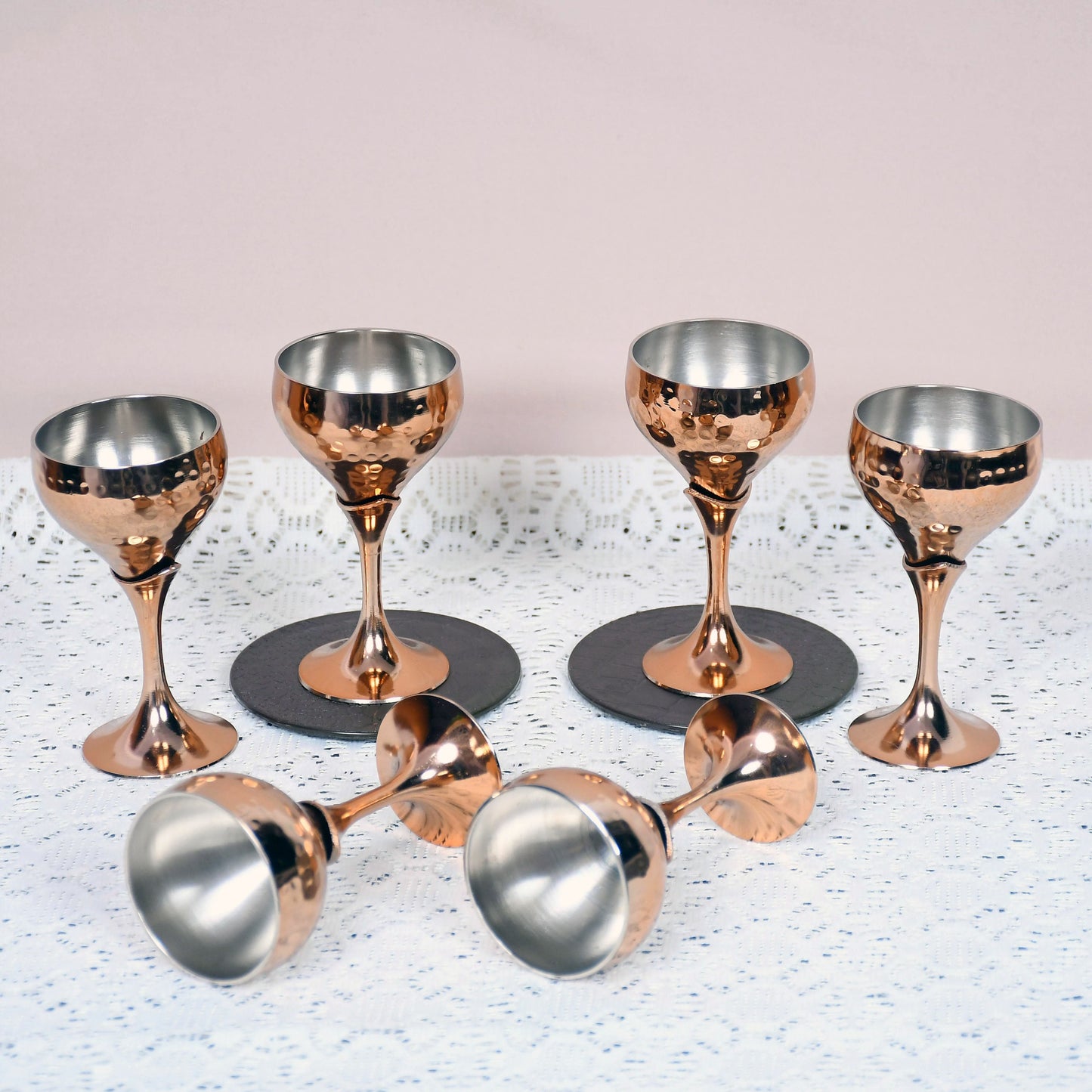 Beautifully Designed Copper Finished Round Tequila Glass Set of 6 With Wooden Box Barware - Sama Homes