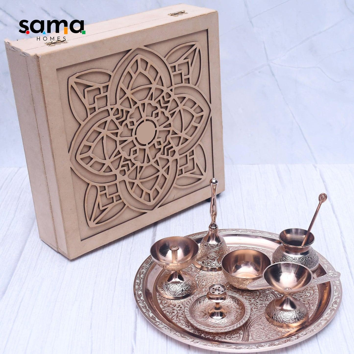 Exclusive Rose Gold Pooja Thali Set with Royal Wooden Gifting Box. - Sama Homes