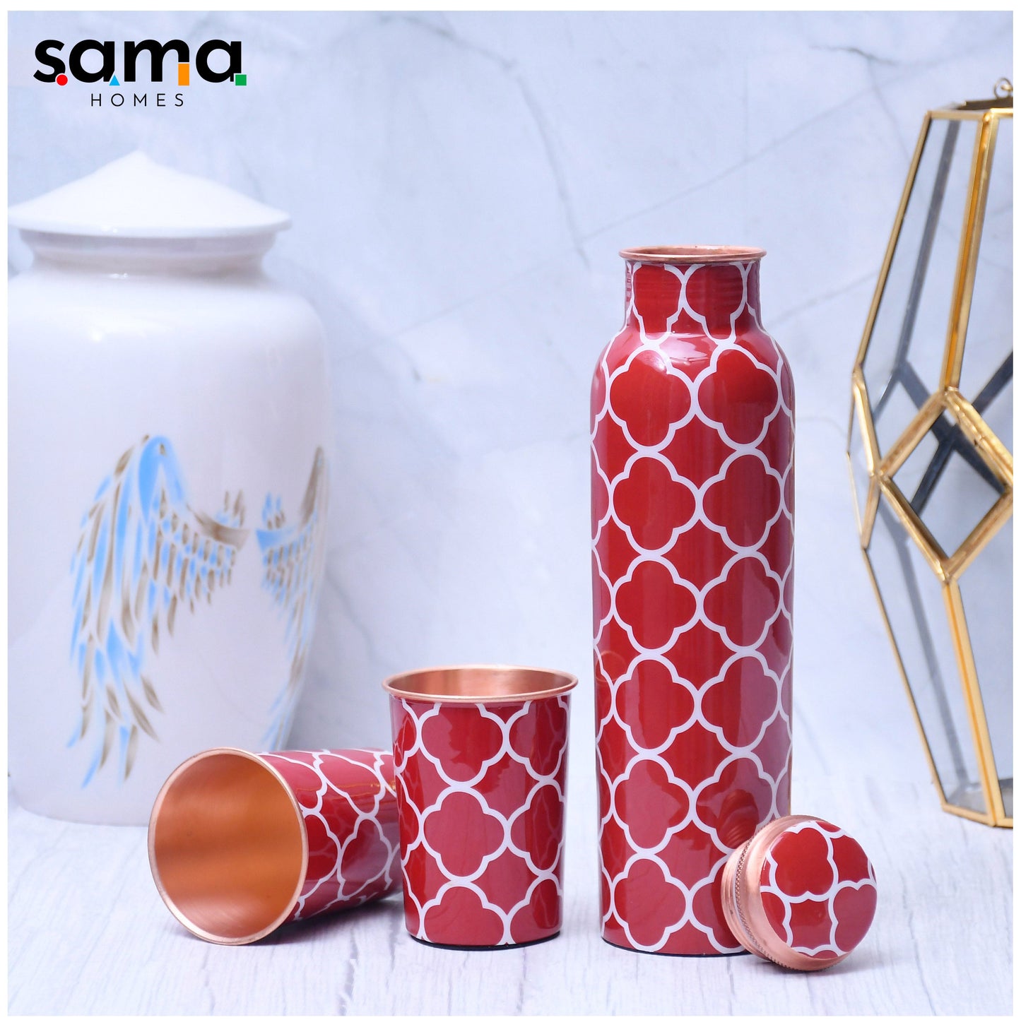 Red Floral Printed Pure Copper Water with 2 Glasses |Tumbler Set of 3 Capacity 1450 ML - Sama Homes