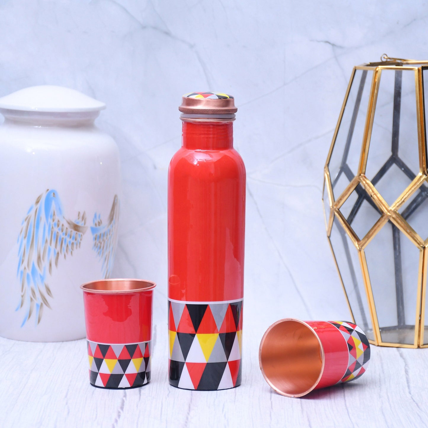 Exclusive Triangle Design Printed Copper Bottle with 2 Glasses/ Tumbler Set of 3 Capacity 1450 ML - Sama Homes