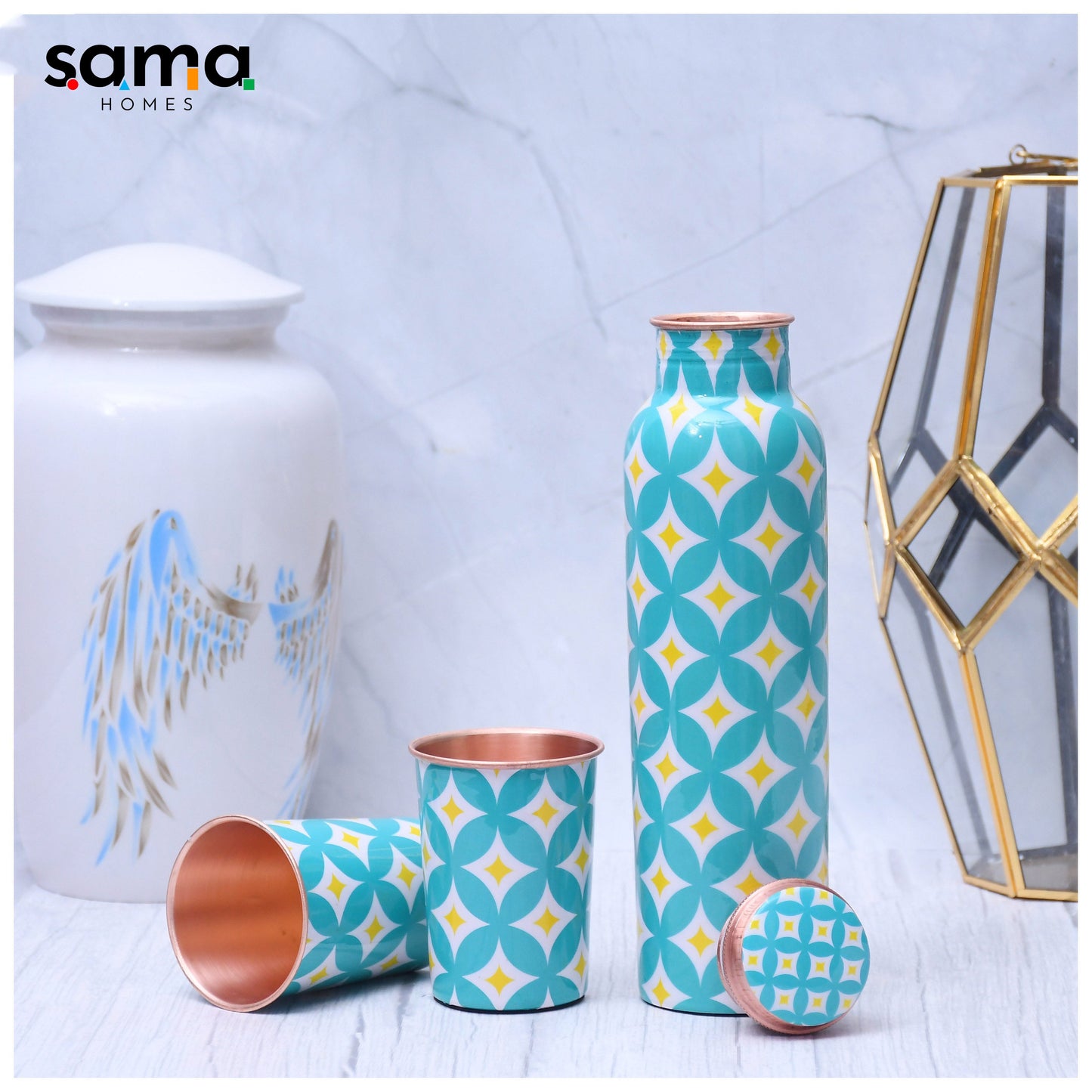 Refreshing Sky Blue Digital Printed Copper Bottle with 2 Glasses / Tumbler Set of 3 Capacity 1450 ML - Sama Homes