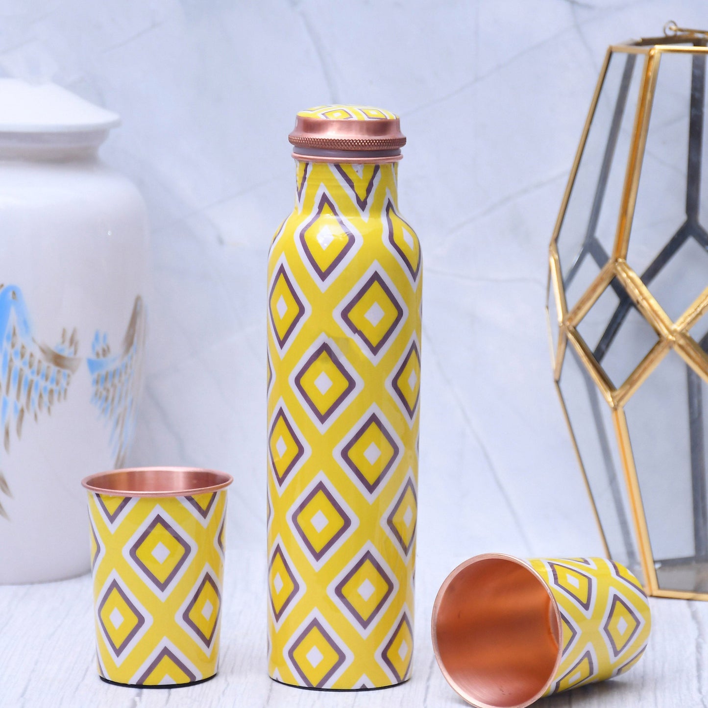 Exclusive Neon Design Printed Copper Bottle with 2 Glasses / Tumbler Set of 3 Capacity 1450 ML - Sama Homes
