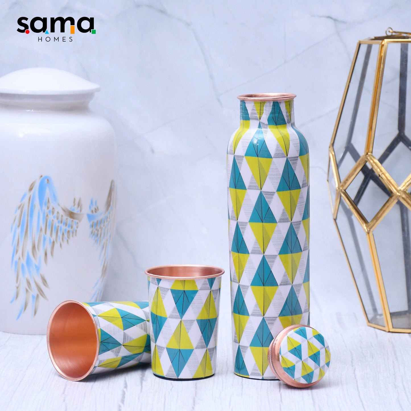 Spiffy Geometric Printed Copper Bottle with 2 Glasses / Tumbler Set of 3 Capacity 1450 ML - Sama Homes