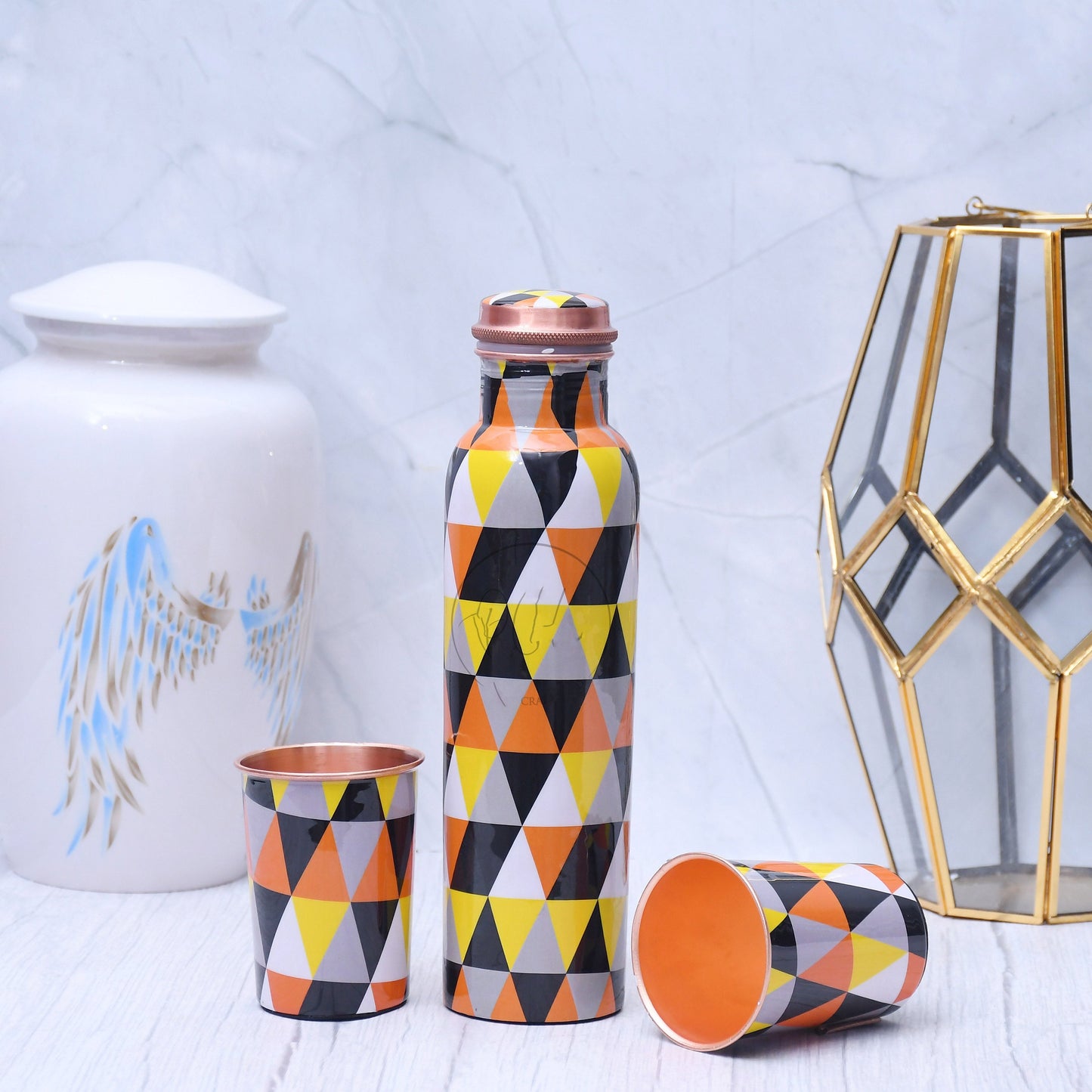 Exclusive Geometric Designed Pure Copper Bottle with 2 Glasses Set of 3 Capacity 1450 ML - Sama Homes