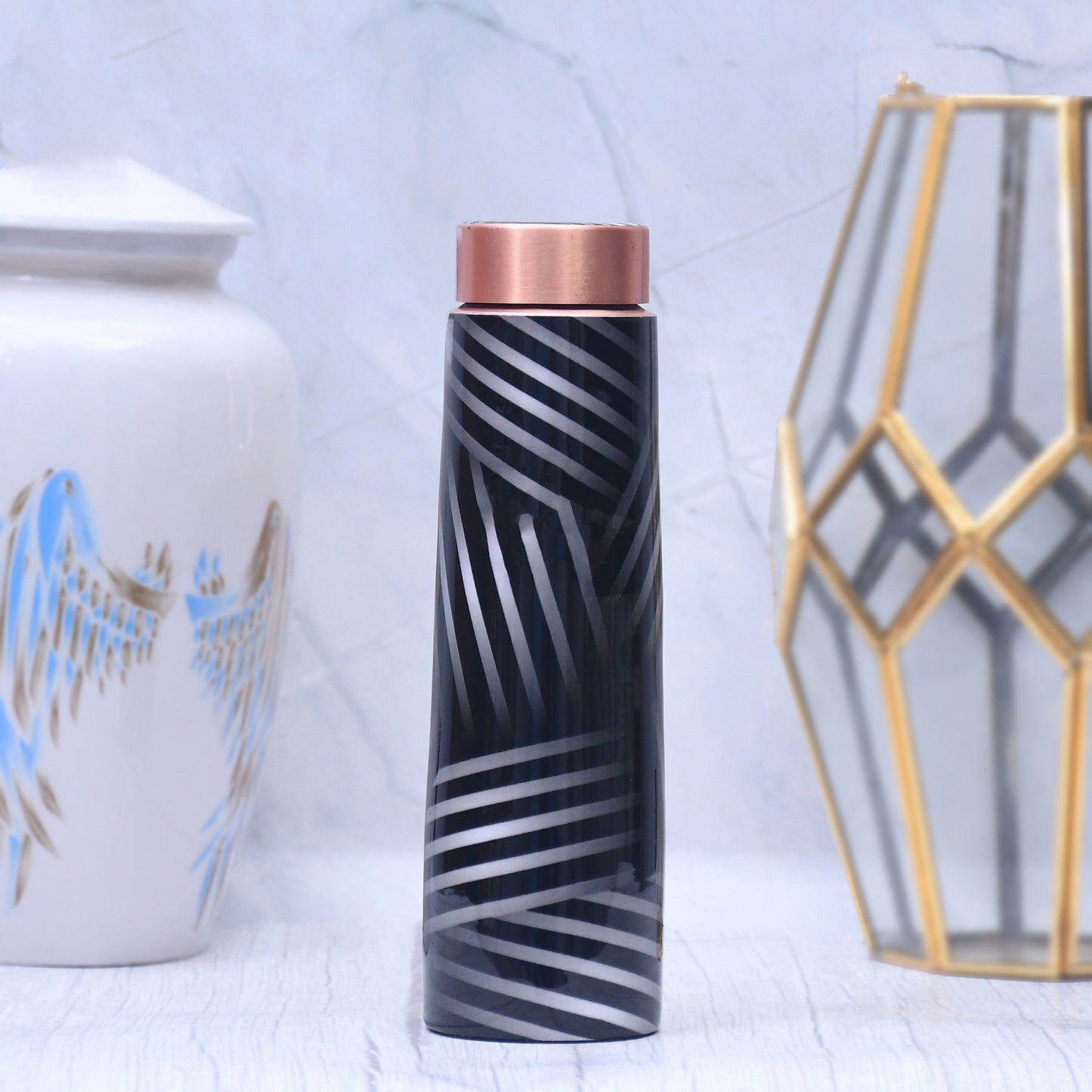 Black and White Stripes Copper Water Bottle Enamel Leak Proof Capacity 1000 ML - Sama Homes