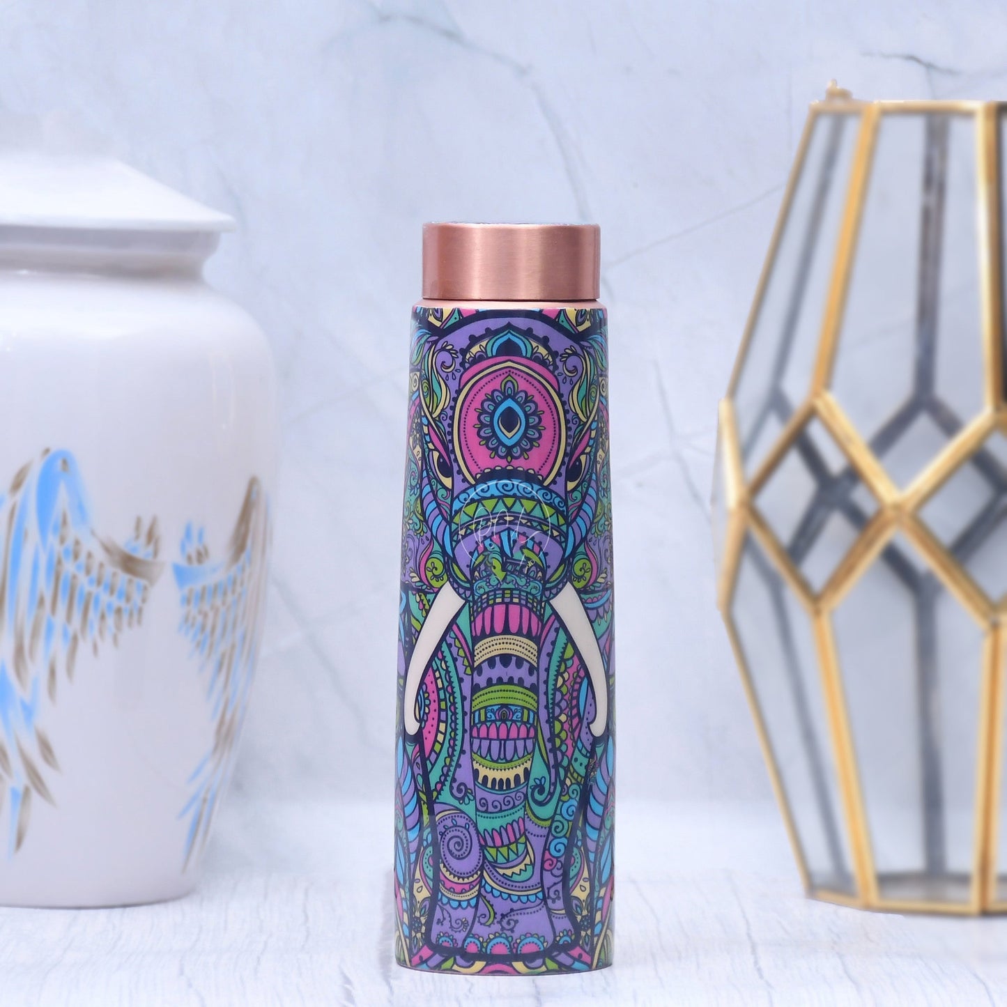 Elephant Design Printed Copper Bottle Enamel Leak Proof Capacity 1000 ML - Sama Homes