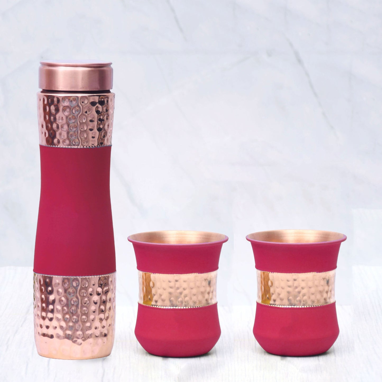 Pure Copper Water Bottle | Silk Red Cherry Half Hammered with 2 Dholak Glasses |Set of 3 |Capacity 1450 ML - Sama Homes