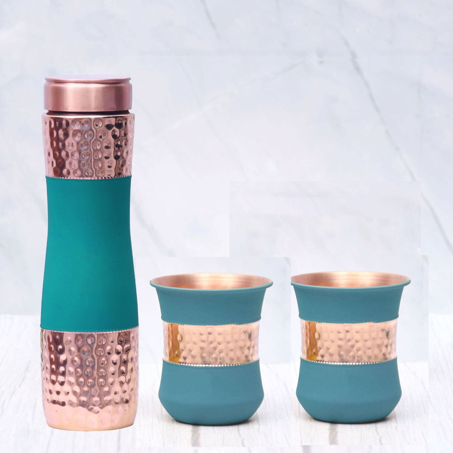 Pure Copper Water Bottle|Silk Green Half Hammered with 2 Dholak Glasses |( Set of 3 ) Capacity 1450 ML - Sama Homes