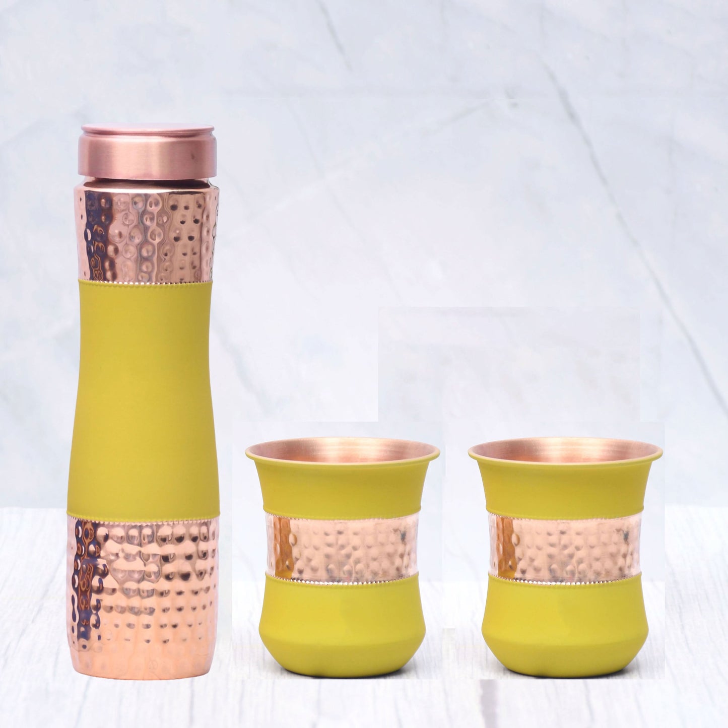 Pure Copper Water Bottle Silk Yellow Half Hammered with 2 Dholak Glasses ( Set of 3 ) Capacity 1450 ML - Sama Homes