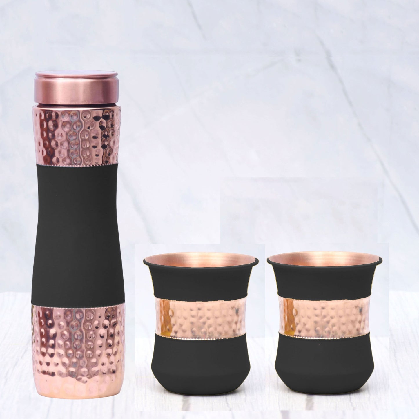 Pure Copper Water Bottle |Silk Black Half Hammered with 2 Dholak Glasses |( Set of 3 )| Capacity 1450 ML - Sama Homes