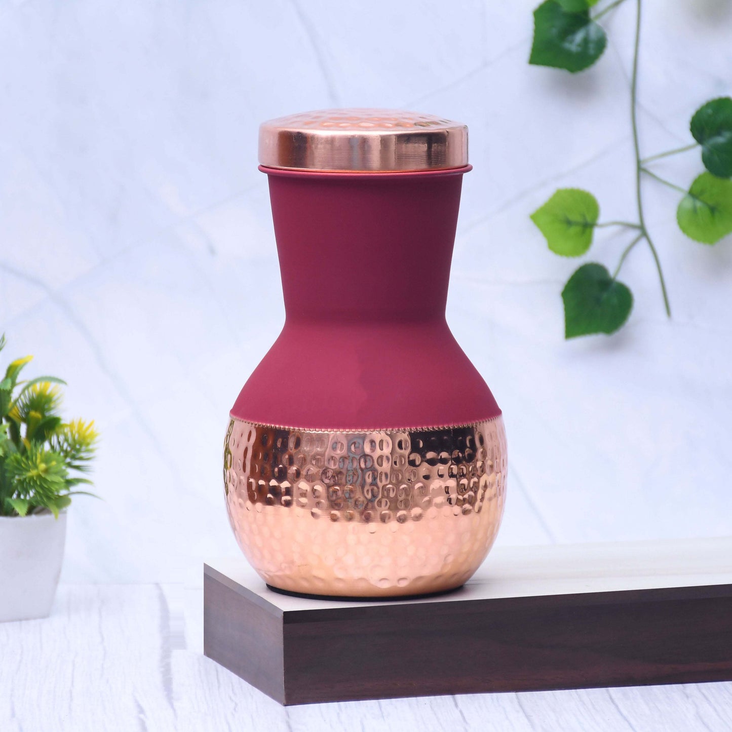 Pure Copper Silk Red Cherry Matka Pot with Inbuilt Glass Capacity 1200ML - Sama Homes
