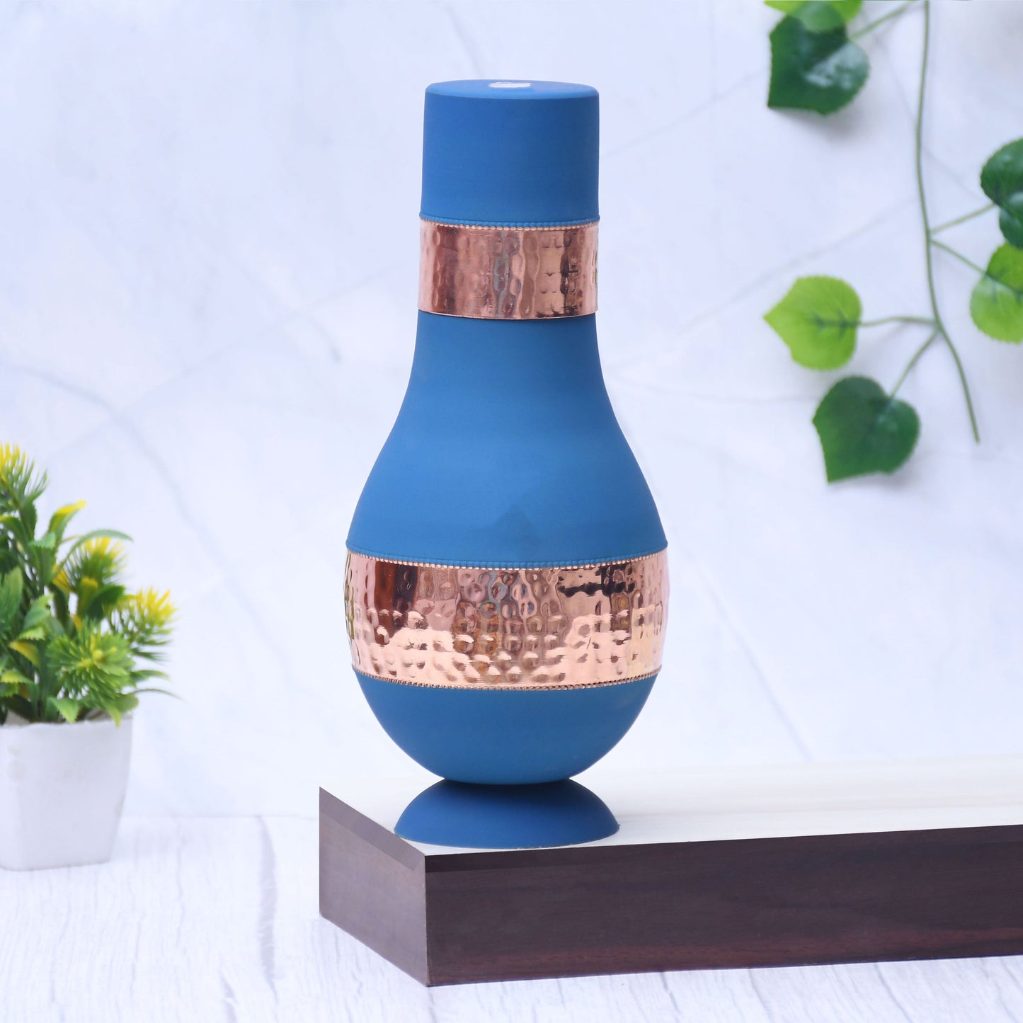 Pure Copper Silk Blue Modern Surahi with Inbuilt Glass Capacity 1000ML. - Sama Homes