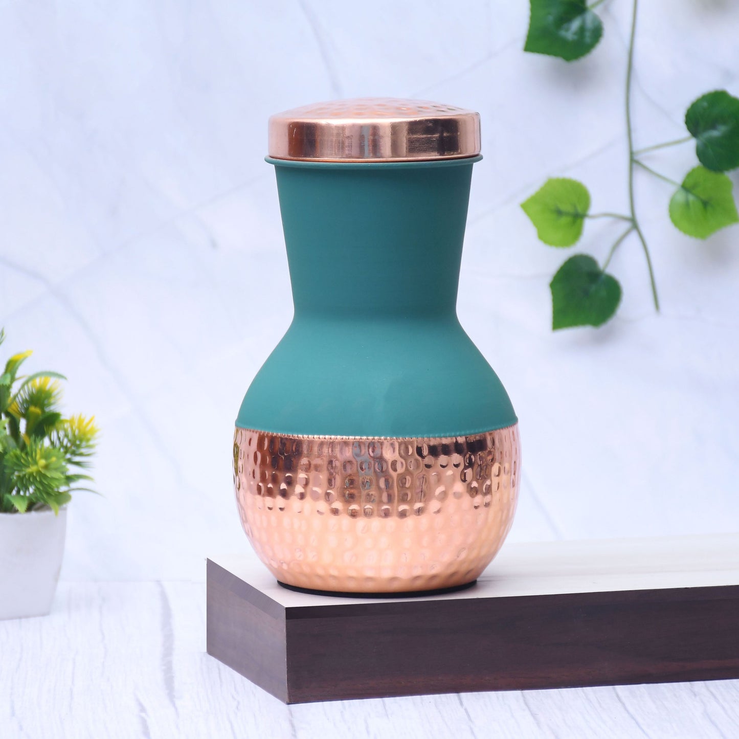 Pure Copper Silk Green Matka Pot with Inbuilt Glass Capacity 1200ML - Sama Homes