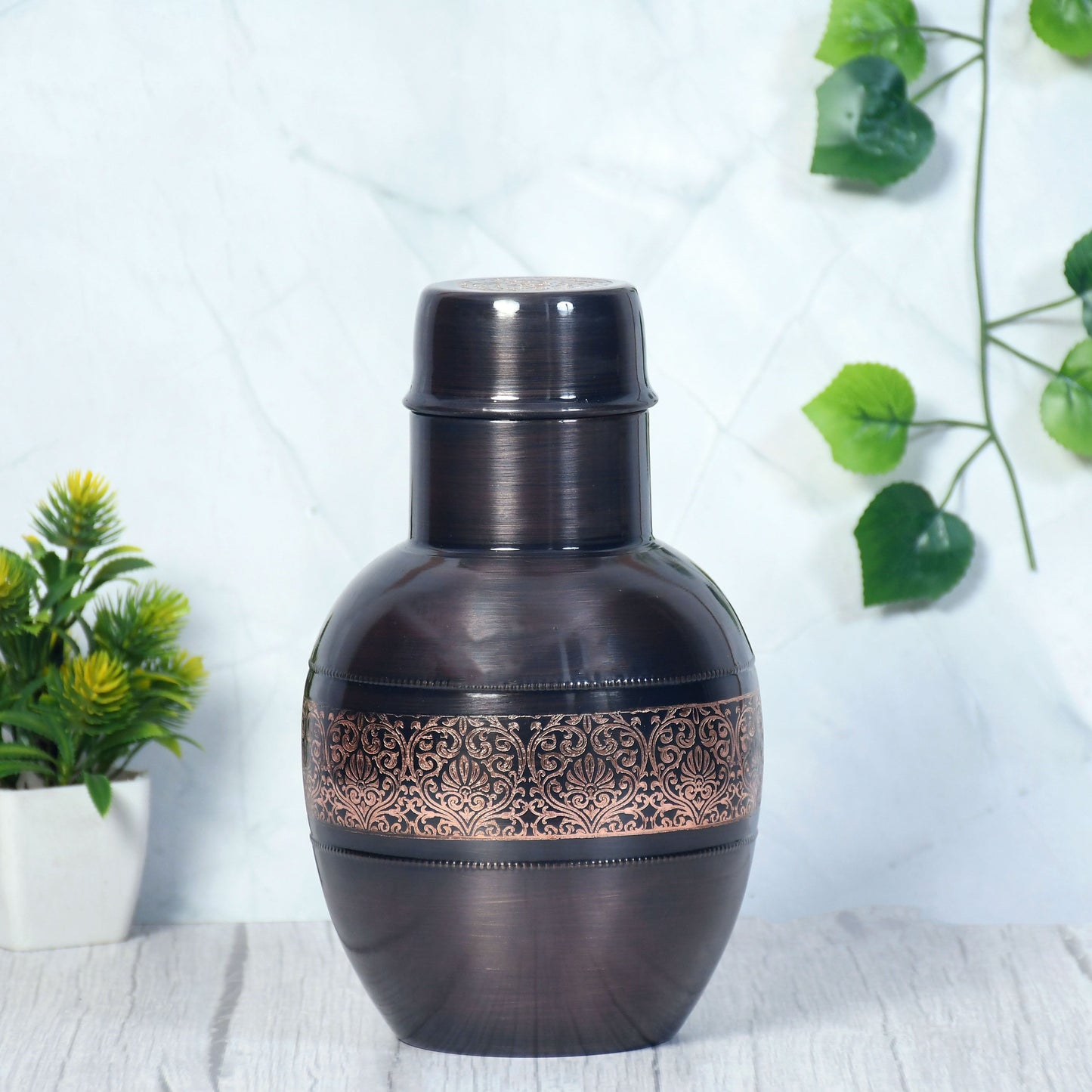 Pure Copper Bedside Apple Jar Antique Etching Engraved with In-Built Glass Capacity 1200 ML - Sama Homes