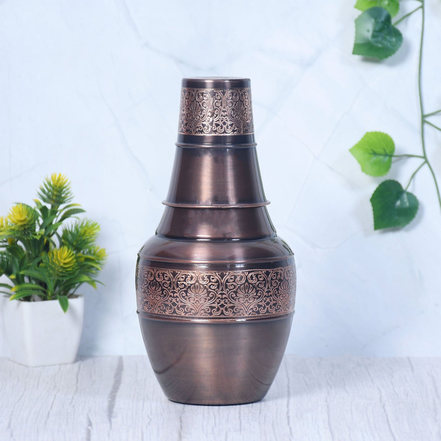 Pure Copper Bedside Venus Jar Antique Engraved with Inbuilt Glass Capacity 1400 ML. - Sama Homes