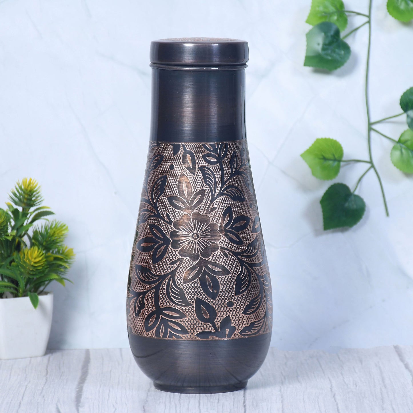 Pure Copper Tulip Jar Antique Engraving Floral Designed with Inbuilt Glass Capacity 1400ML - Sama Homes