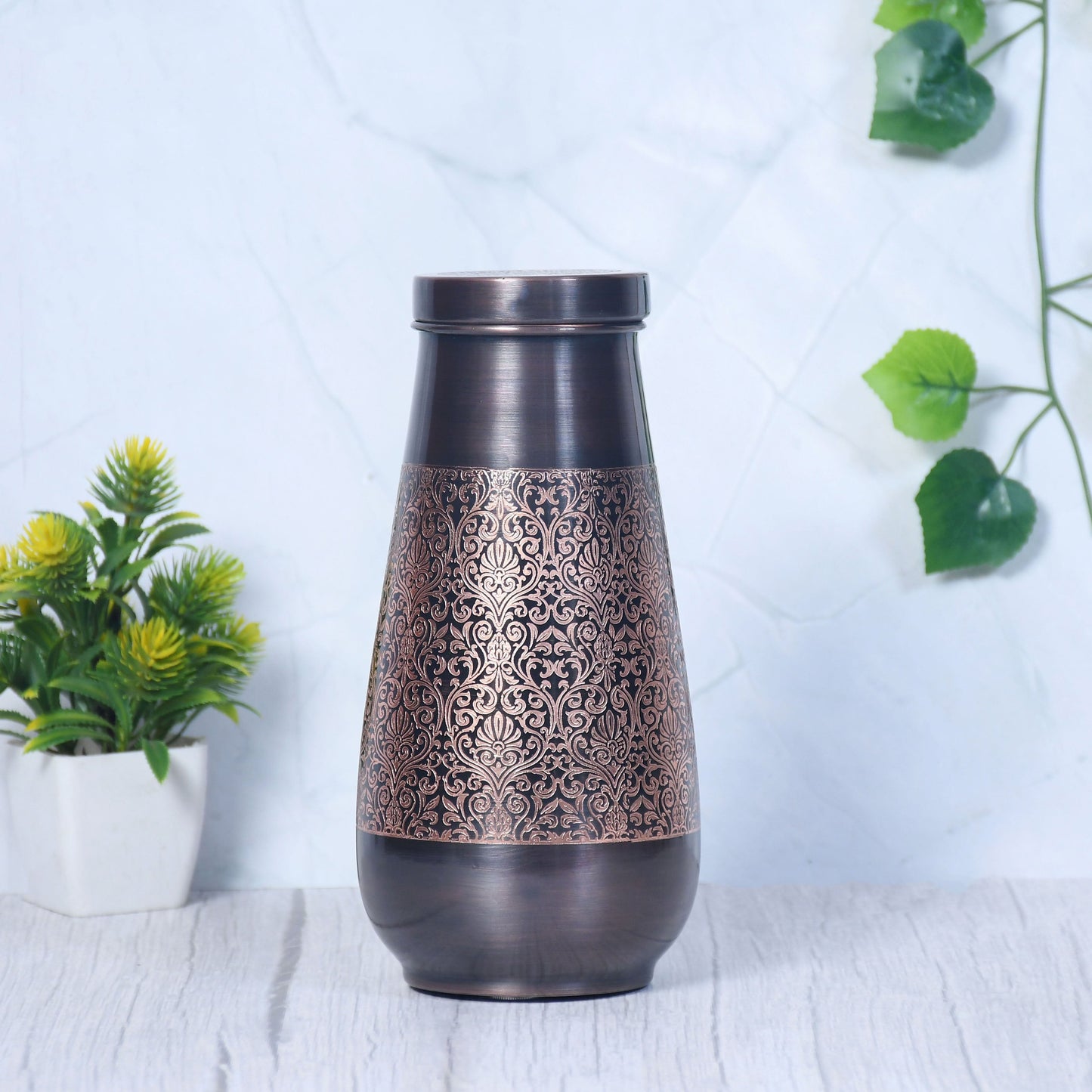 Pure Copper Tulip Jar Antique Engraved Small with In-Built Glass Capacity 800ML - Sama Homes