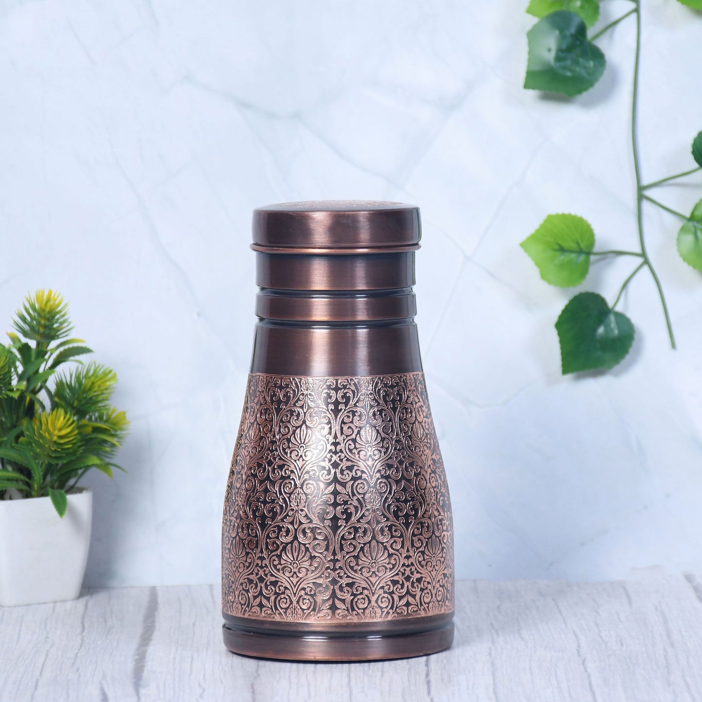 Pure Copper Bedside Jar with Antiqued Black Engraving Inbuilt Glass Capacity 1000ML - Sama Homes