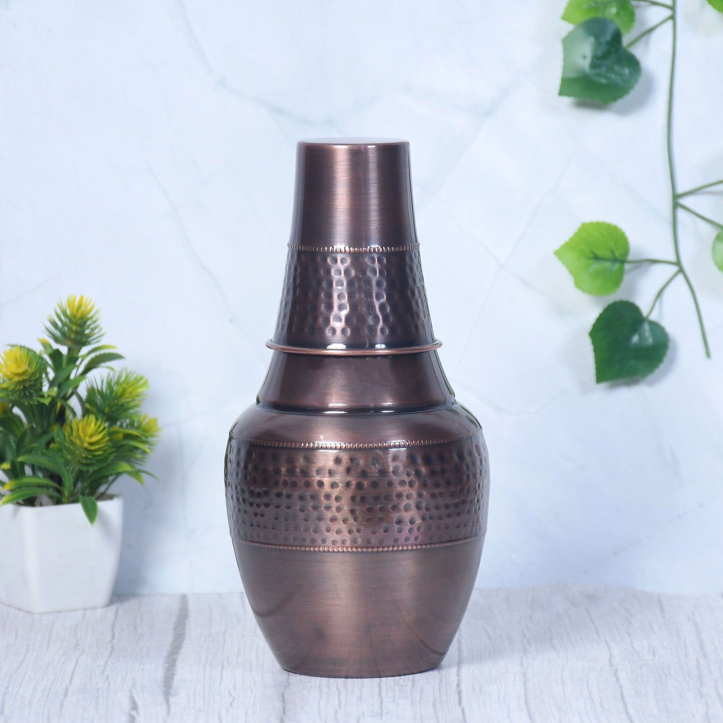 Pure Copper Bedside Black Venus Jar Antique Hammered with Inbuilt Glass Capacity 1400 ML - Sama Homes