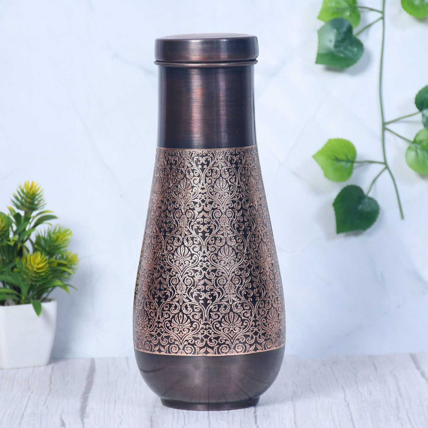 Pure Copper Tulip Jar Antique Engraved with Inbuilt Glass Capacity 1400ML - Sama Homes