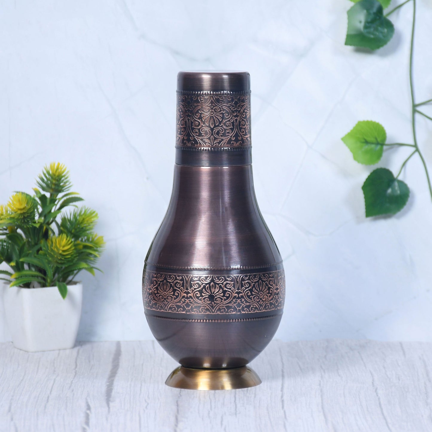 Pure Copper Modern Surahi Antique Engraving with Inbuilt Glass Capacity 1000 ML - Sama Homes