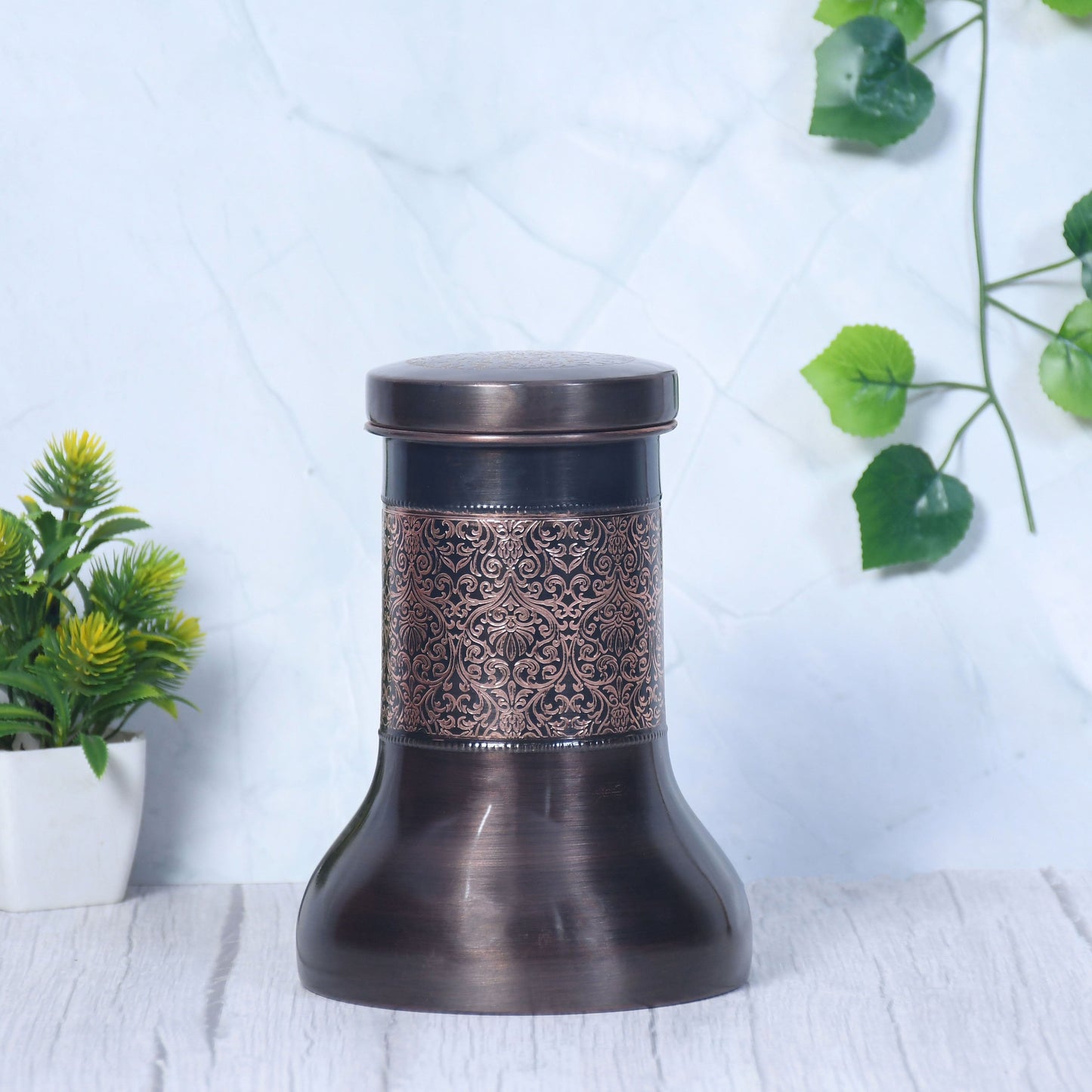 Pure Copper Bedside Lily Jar Antique Etching with In-Built Glass Capacity 1000ML - Sama Homes