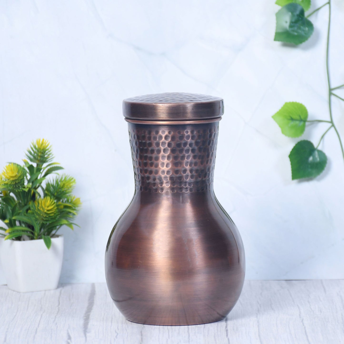 Pure Copper Bedside Damru Jar Antique Hammered with In-Built Glass Capacity 1200ML - Sama Homes