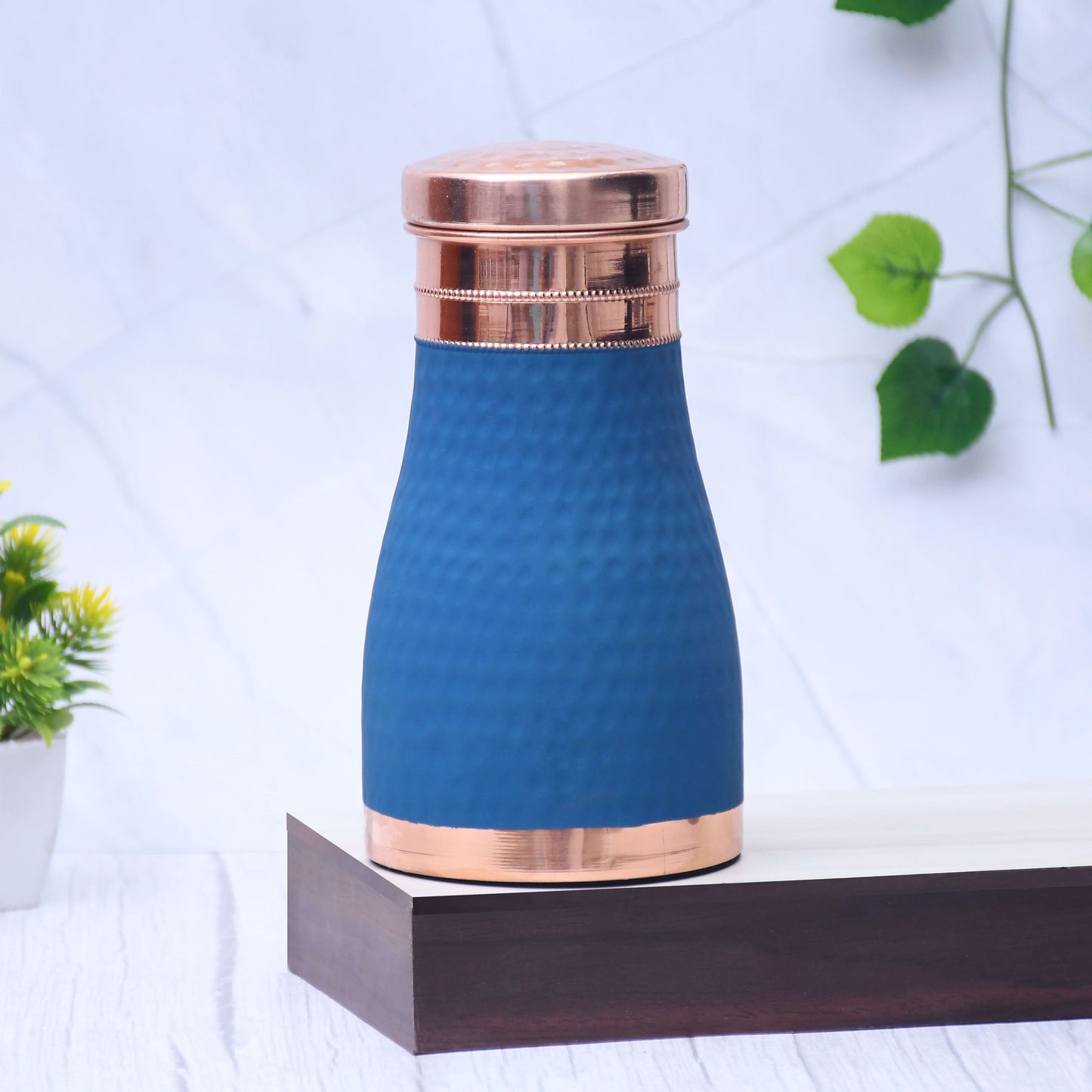 Pure Copper Silk Blue Bedside Jar with Inbuilt Glass Capacity 1000ML. - Sama Homes