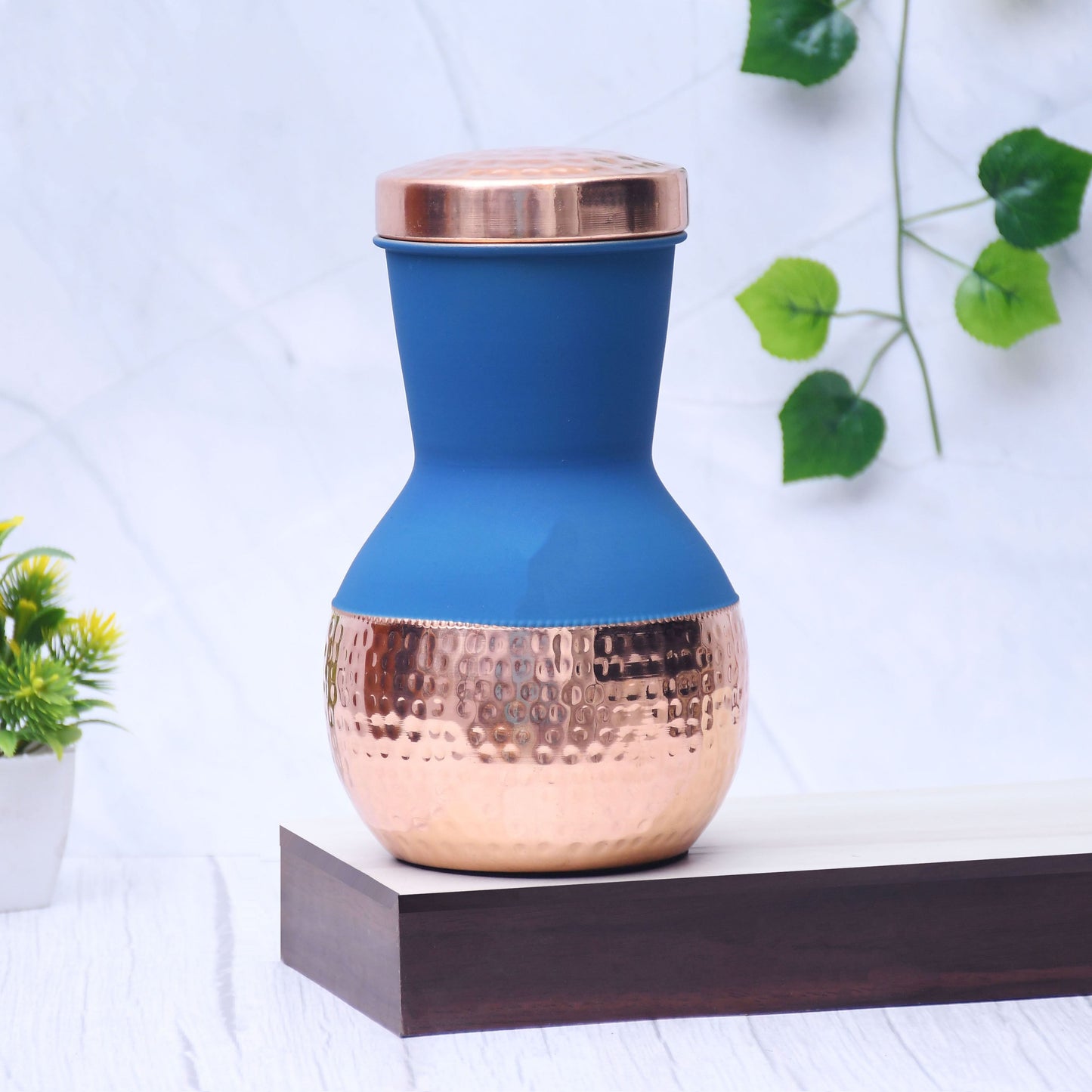 Pure Copper Silk Blue Matka Pot with Inbuilt Glass Capacity 1200ML - Sama Homes