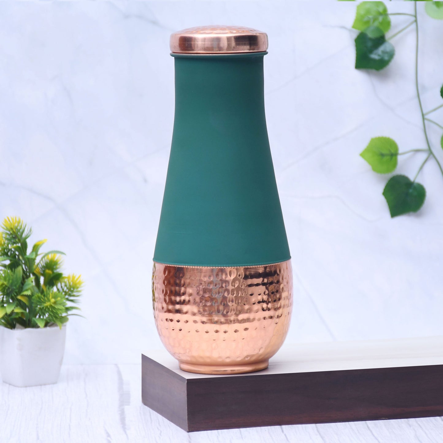 Pure Copper Silk Green Tulip Jar with Inbuilt Glass Capacity 1400ml - Sama Homes