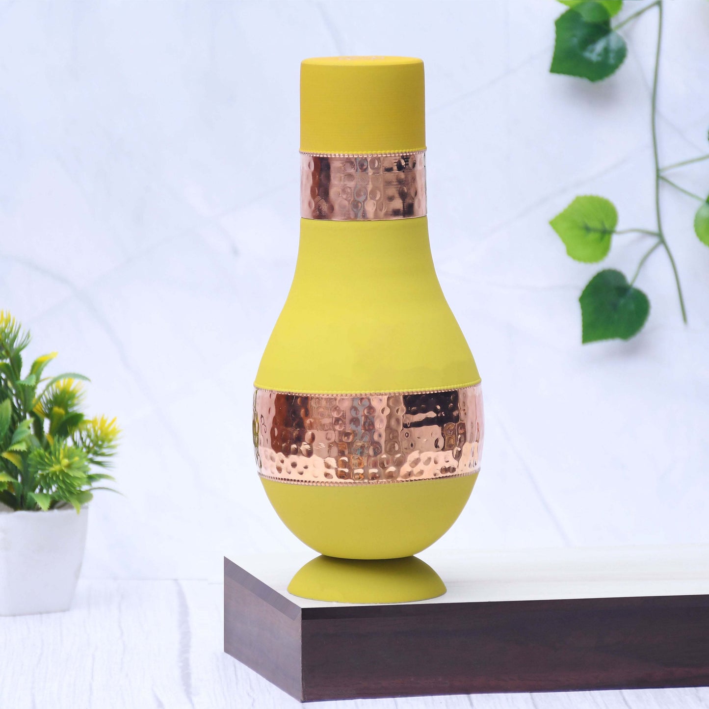 Pure Copper Silk Yellow Modern Surahi with Inbuilt Glass Capacity 1000ML - Sama Homes
