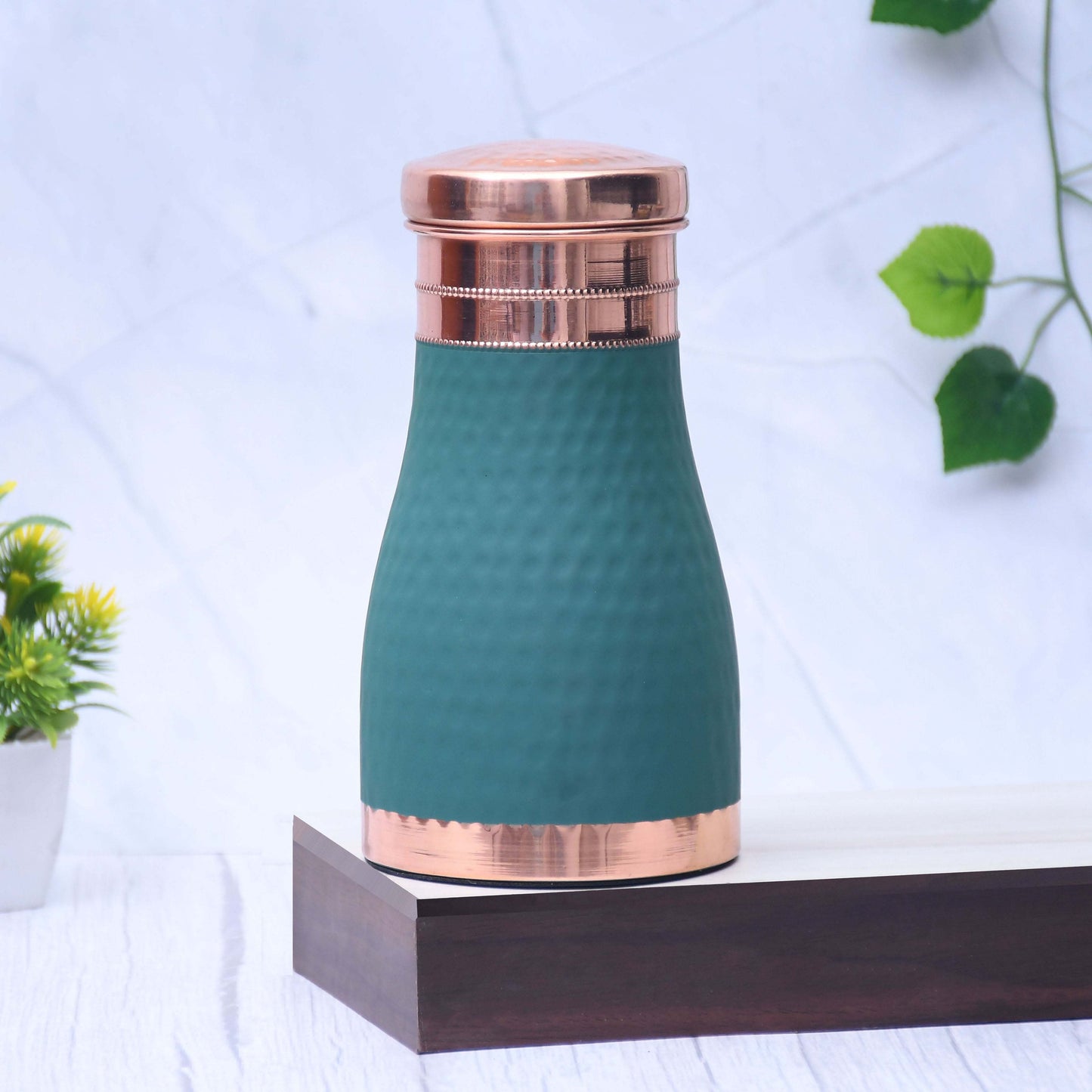 Pure Copper Silk Green Bedside Jar with Inbuilt Glass Capacity 1000ML. - Sama Homes