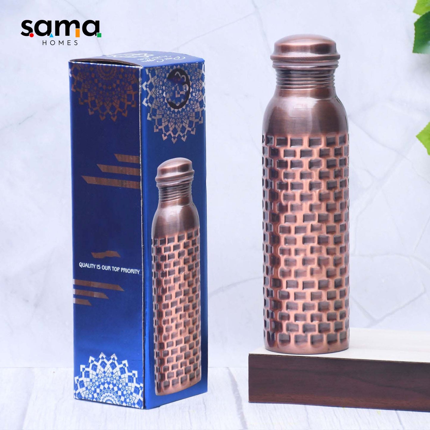 Pure Copper Water Bottle Antique Brick Design Capacity 1000ML - Sama Homes