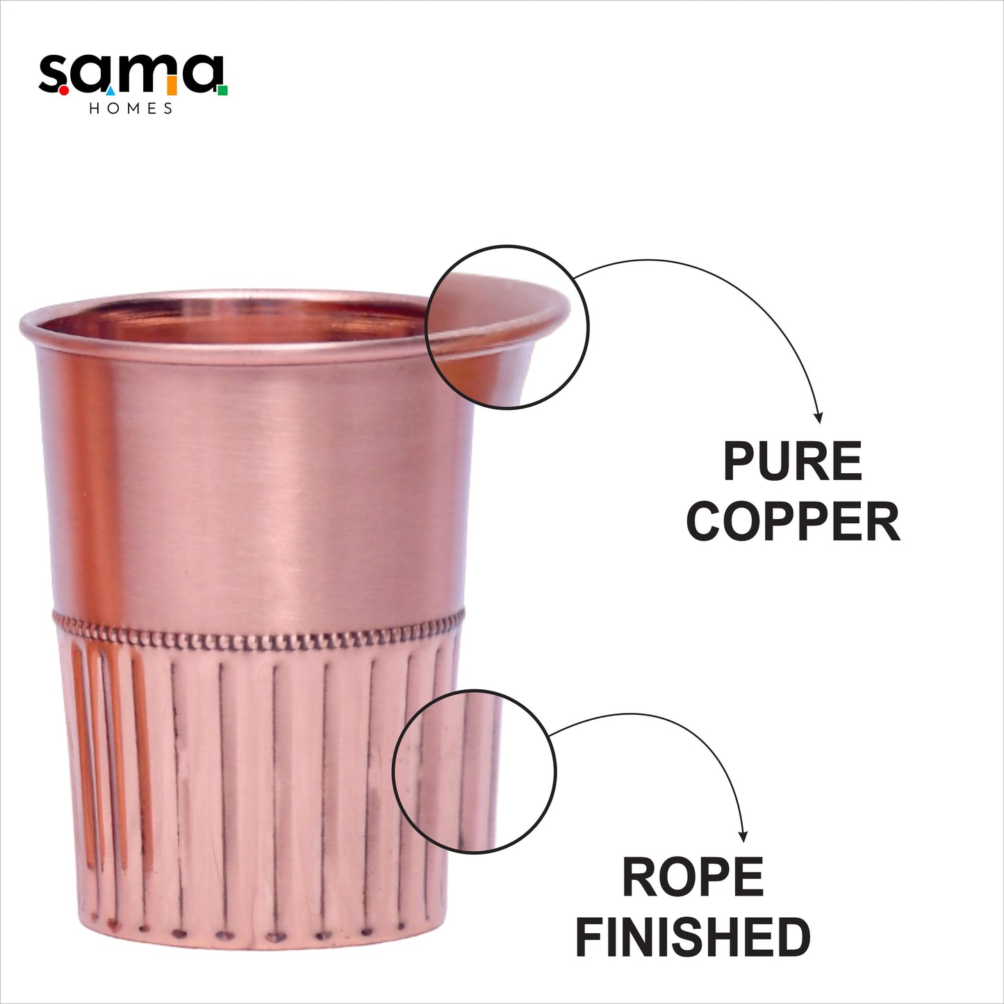 Pure Copper Water Glass Set of 2 Half Rope Design Tumbler Capacity 300ML - Sama Homes