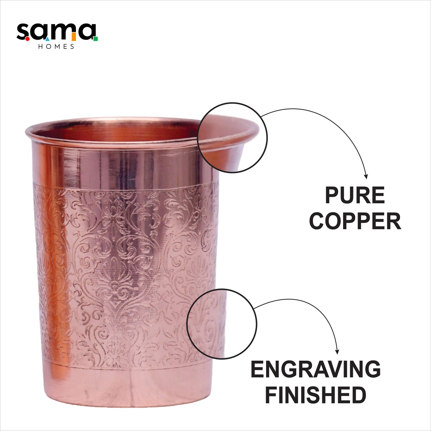 Pure Copper Water Glass Set of 2 Engrave Designed Tumbler Capacity 300ML - Sama Homes